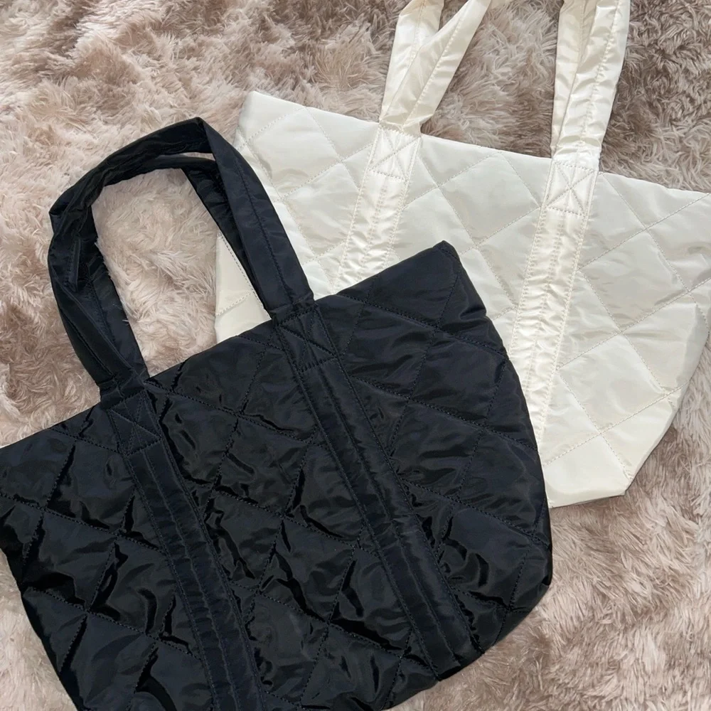 NEW 2 Large Quilted Tote Bags, Cream & Black, dust bags included!